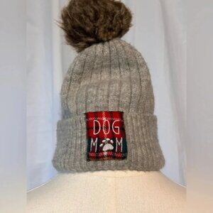 Dog Mom Winter Beanie Type Hat. Brown Pom Pom. Grey. Plaid Accent. Pre-loved.
